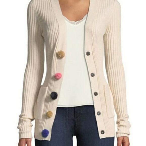 Ribbed neutral cardigan with pom pom snaps size XS NWT - Picture 1 of 11